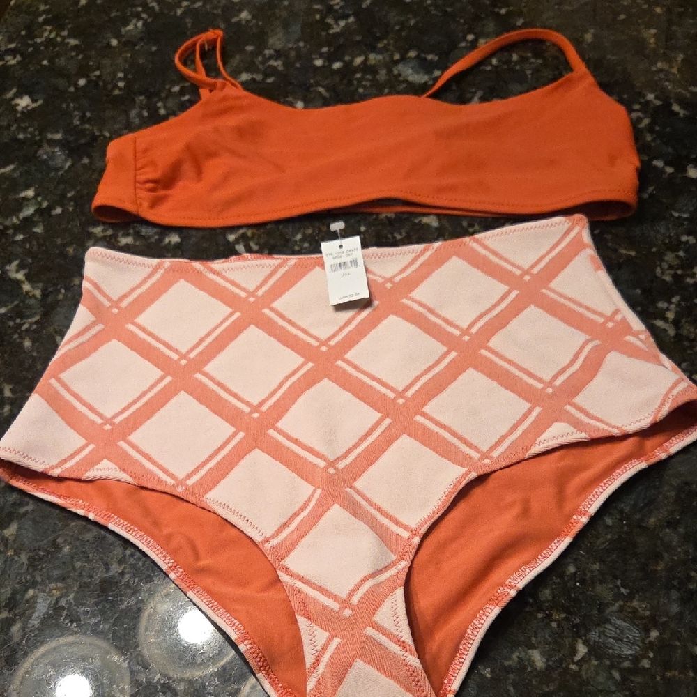 Women's High-Waist Aerie Bikini Set in Coral Pink